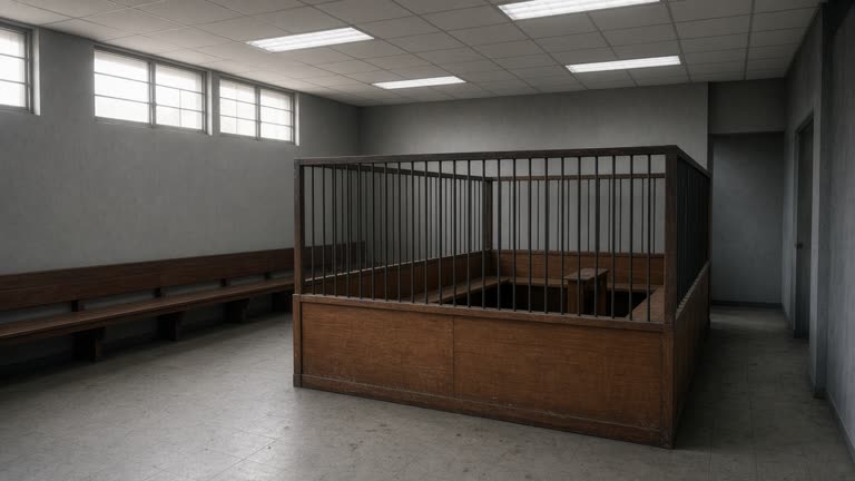 Singapore state courts corridor with empty wooden dock and fluorescent ceiling panels, muted grey walls, afternoon light through high windows, no people faces, no logos or readable text