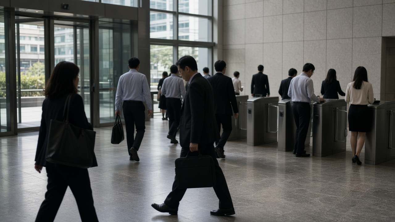 Workers pass through a Singapore office tower lobby at morning rush hour, matte stone floors and turnstiles, silhouetted figures carrying laptops, no logos or readable text