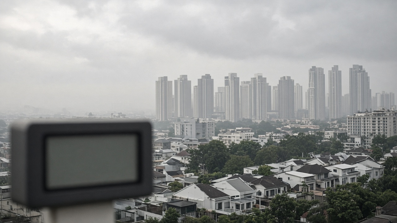Hazy skyline over Lentor estate rooftops with NEA-style air quality sign blurred in foreground, overcast afternoon, no logos or readable text