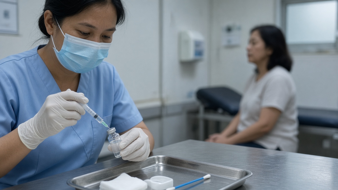 A nurse prepares a seasonal influenza vaccine at a Singapore polyclinic consultation room, cool fluorescent light on stainless tray and cotton swab, seated patient blurred in background, no logos or readable text