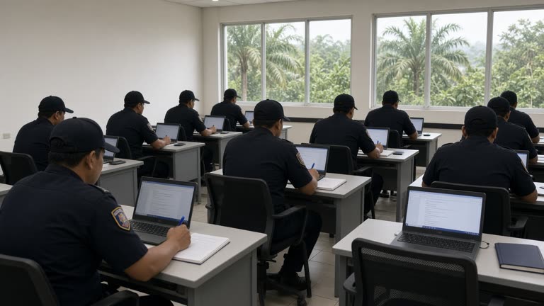 Bright classroom at a government campus with rows of laptops on desks, officers viewed from behind taking notes, large window overlooking tropical trees, neutral walls without posters or readable text