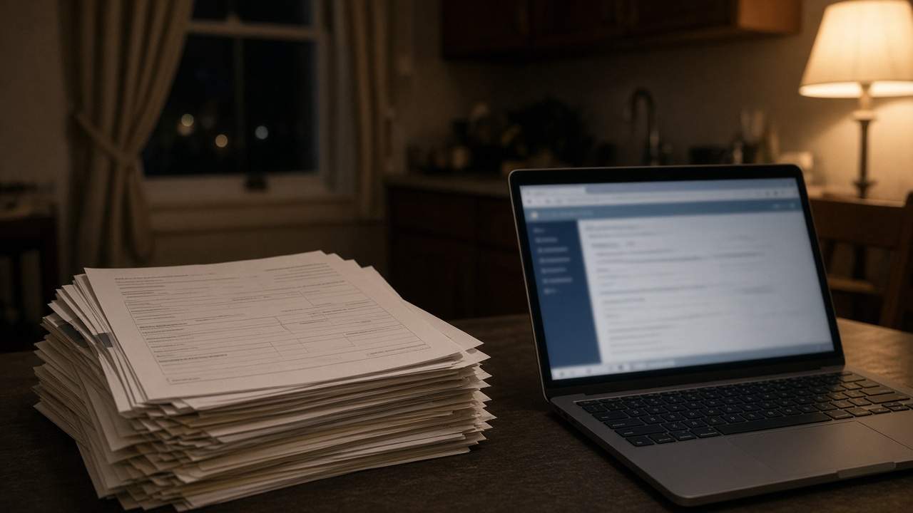 Kitchen table with stacked housing application papers and a laptop showing a generic government housing portal blur, warm evening lamp light, no logos or readable text