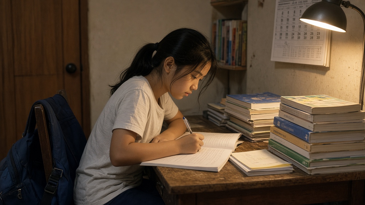 A Primary 6 student revises at a home study desk with stacked practice books and a wall calendar, warm evening lamp light, school bag on chair, no logos or readable text