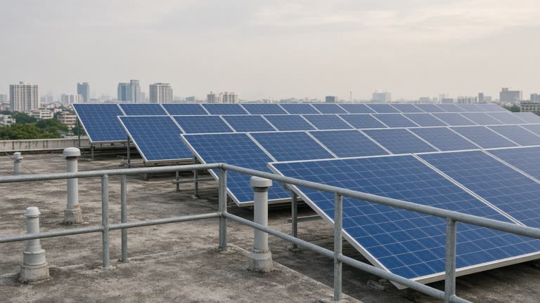 Rows of blue photovoltaic panels on a flat HDB rooftop against hazy afternoon sky, metal railing and vent pipes in foreground, no logos or readable text