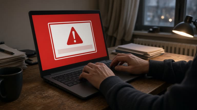 Home desk with an open laptop showing a full-screen warning overlay in red and white tones without readable text, anxious hands hovering over the keyboard, warm desk lamp and evening window light, no logos or readable text