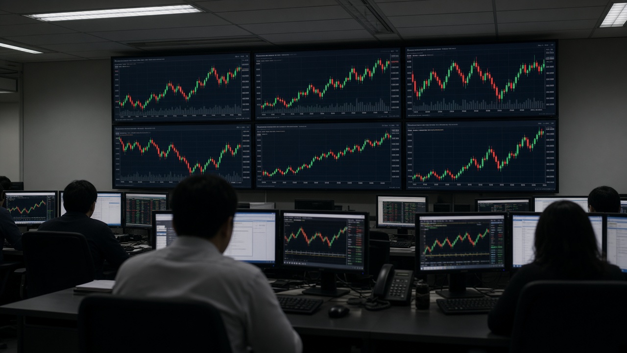 Singapore exchange dealing room with multiple wall-mounted monitors showing colour candlestick charts without readable numbers, traders silhouetted at desks, cool fluorescent light, no logos or readable text