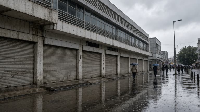 Tekka Centre exterior on Buffalo Road with metal shutters half closed on ground-floor stalls, overcast monsoon sky, wet pavement reflections, pedestrians with umbrellas blurred in distance, no logos or readable text