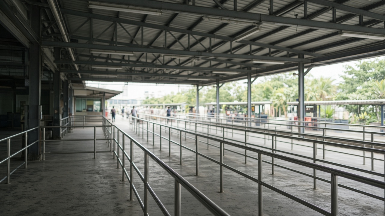 Wide bus interchange concourse with empty queue lanes and stainless railings under a high roof, commuters blurred in distance and tropical daylight through open bays, no logos or readable text