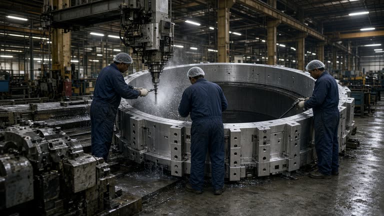 Machinists in a Chennai industrial bay milling a large aluminum rocket stage ring with coolant mist and overhead cranes, fluorescent shop lighting, no logos or readable text.
