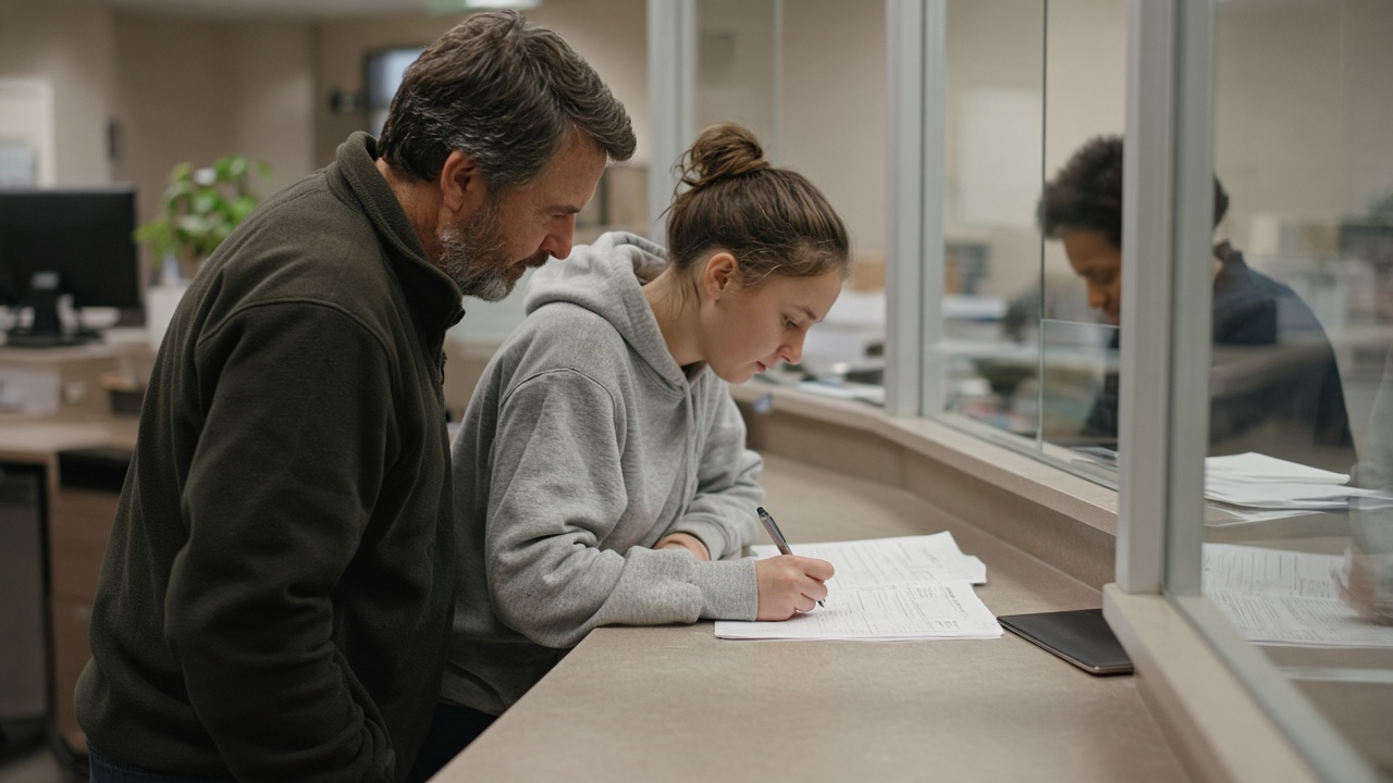 A parent and student review tuition paperwork at a university administrative counter, soft indoor lighting on laminate desks, no logos or readable text.
