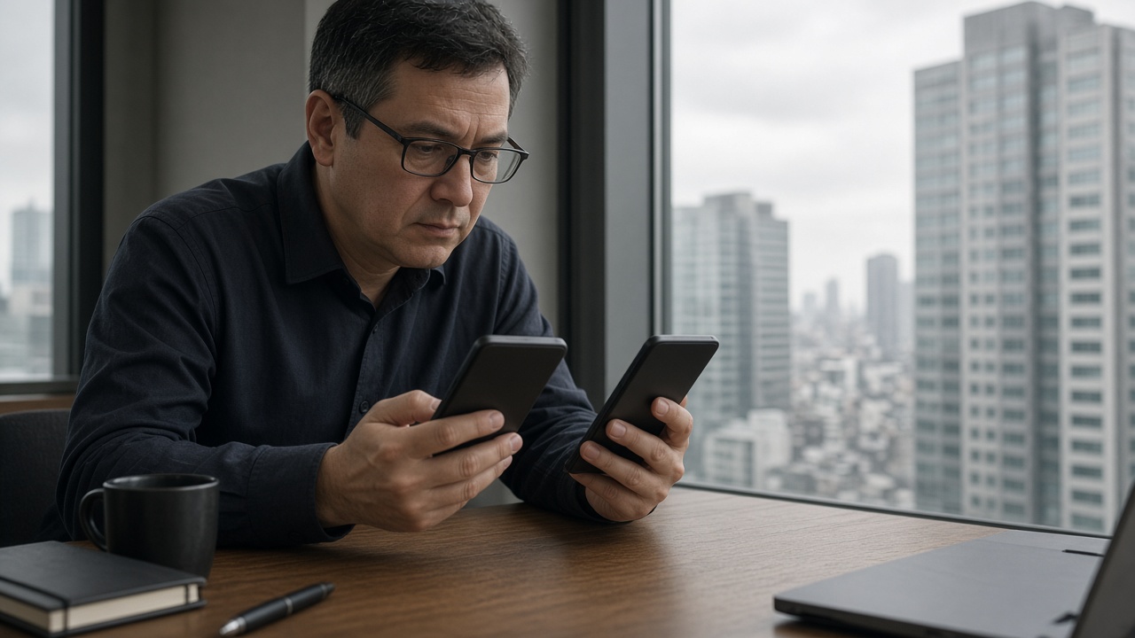 Corporate IT manager comparing two enterprise smartphones on a desk beside a window overlooking Tokyo office towers, overcast daylight, slight grain, no logos or readable text.