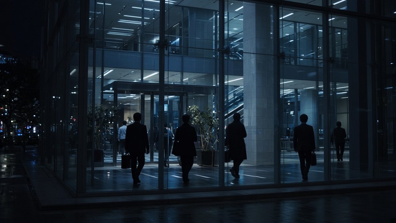 Glass-walled corporate lobby in central Tokyo at night, silhouettes of commuters and briefcases, cool blue interior light, no logos or readable text.