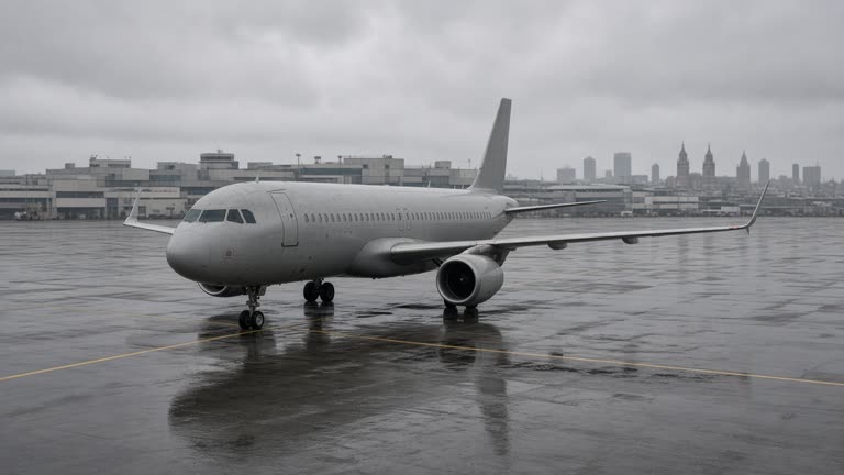 Single-aisle passenger jet taxiing on wet tarmac with low terminal buildings and overcast sky, distant city monuments as soft shapes, no airline logos or readable text on fuselage