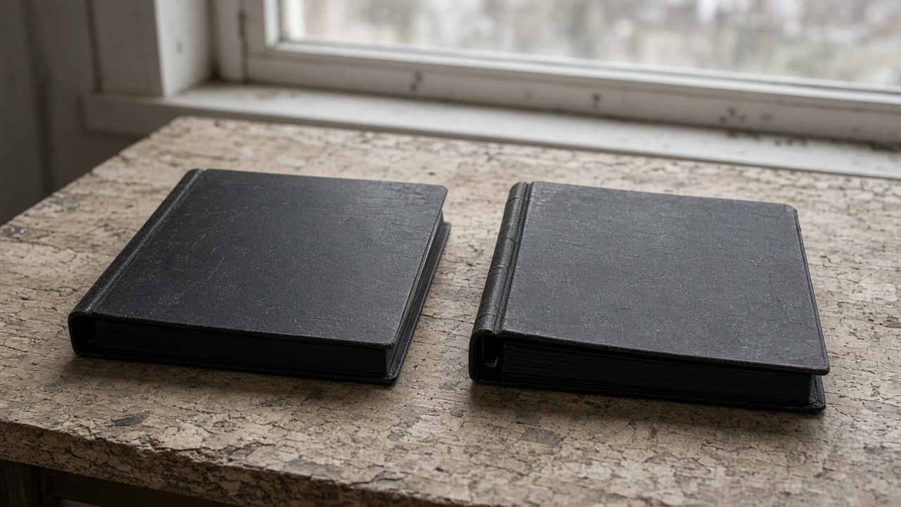 Two closed blank black ring binders on their sides on a wood table, overcast window light, no people, no logos, no readable text