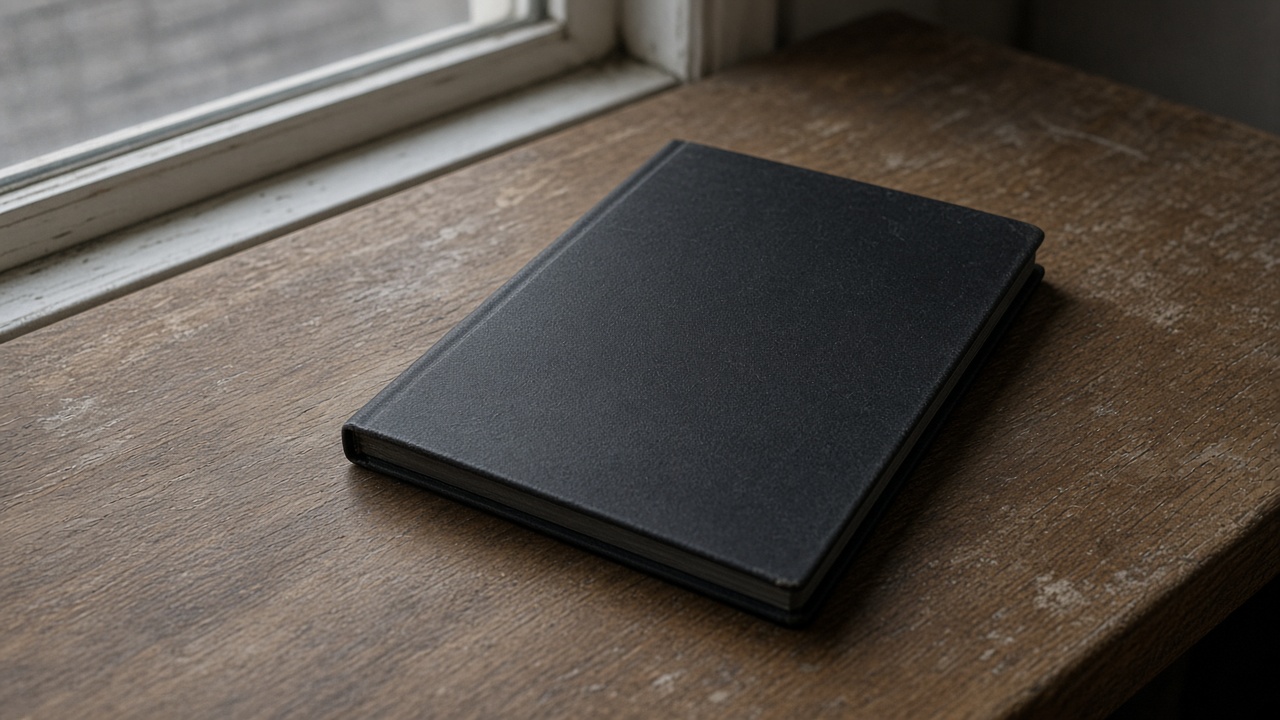 Closed unlabeled dark hardcover notebook face-down on a worn oak desk, blank cover, overcast window light, no people, no logos, no readable text