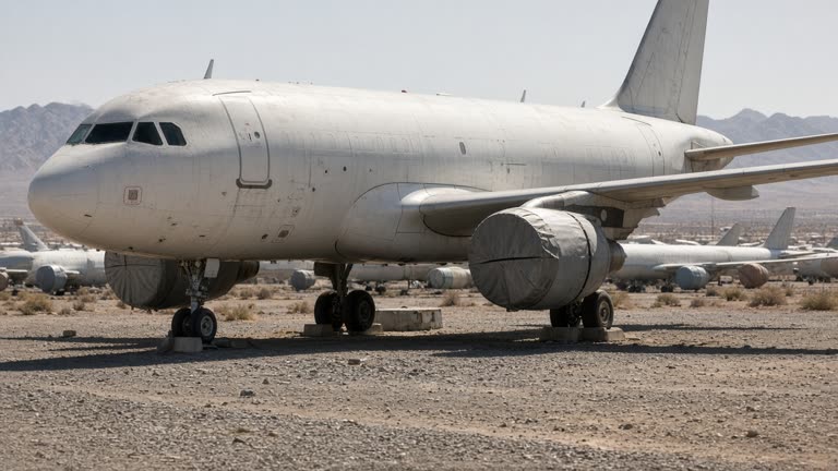 White narrowbody jet parked in desert aircraft storage yard with engines covered in gray wraps, dusty gravel and distant mountains, harsh midday sun, no logos or readable text