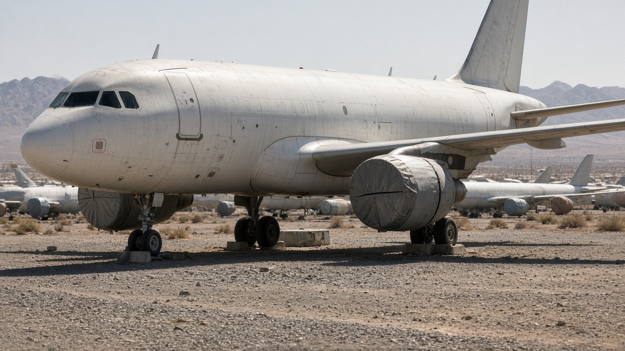 White narrowbody jet parked in desert aircraft storage yard with engines covered in gray wraps, dusty gravel and distant mountains, harsh midday sun, no logos or readable text