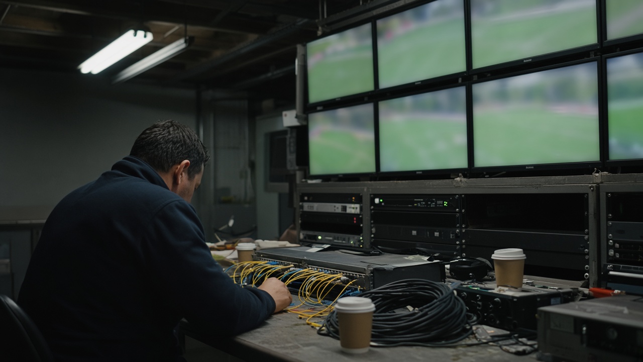 Television sports gallery with multiview monitors showing blurred green field tones, technician at a dim desk with fibre patch leads, overhead fluorescent spill, coffee cups and coiled cables, no logos or readable text