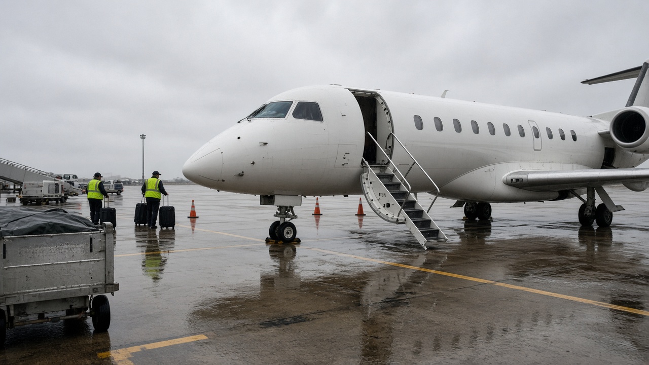 Compact white regional jet at a rainy airport gate with ground crew and rolling suitcases, overcast sky, wet tarmac reflections, no logos or readable text.