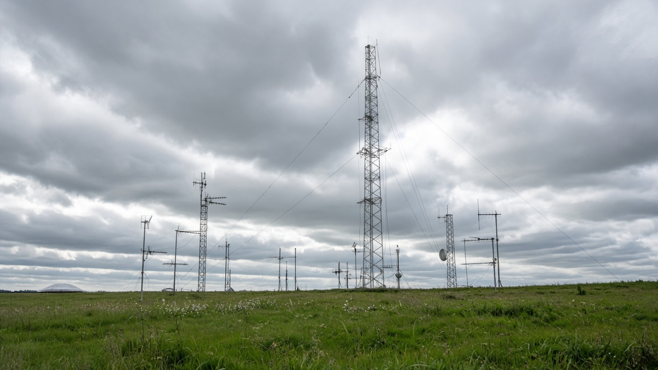 Scientific antenna arrays on a grassy Oxfordshire field under cloudy skies, metal masts and cables, documentary wide shot, no people, no readable text