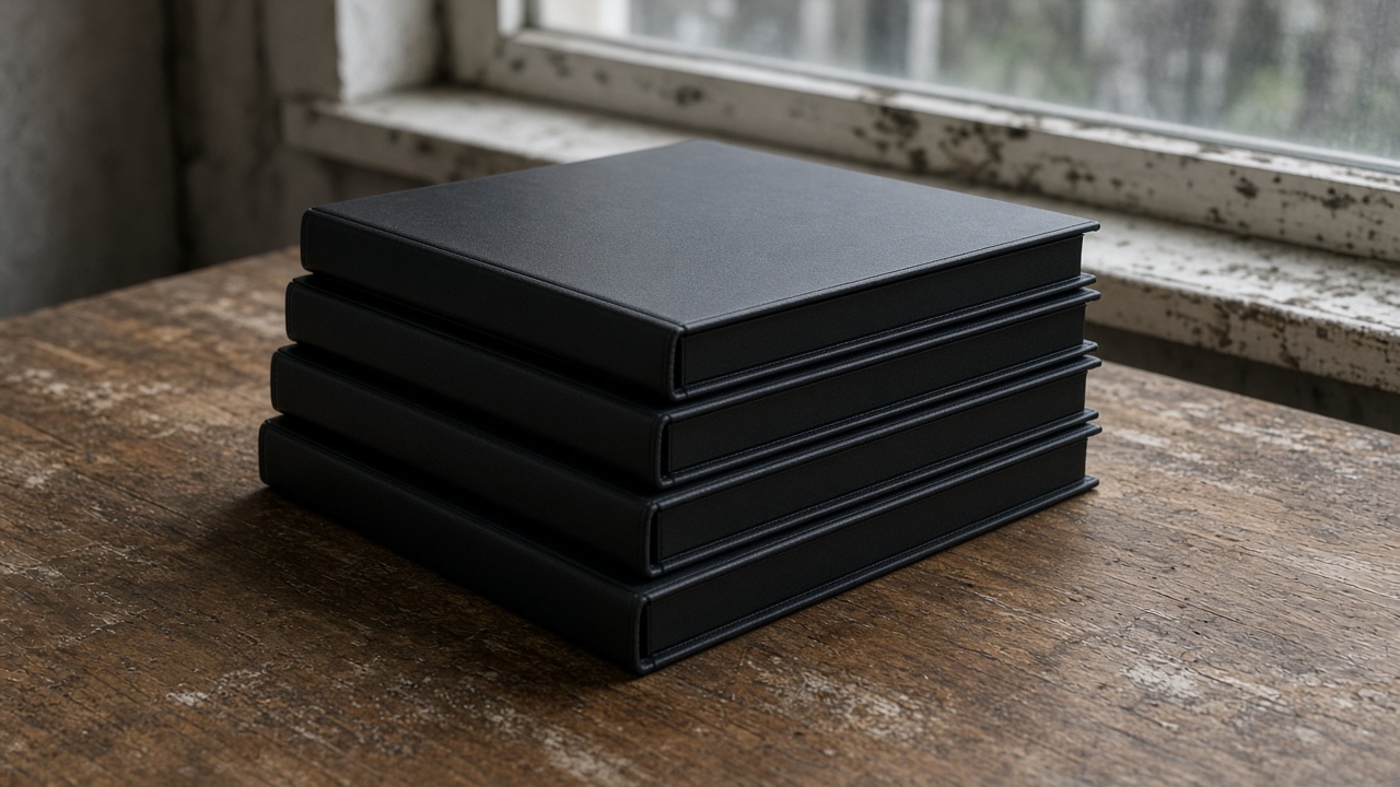 Close-up of closed blank black binders stacked on a wood table, overcast window light, no people, no logos, no readable text