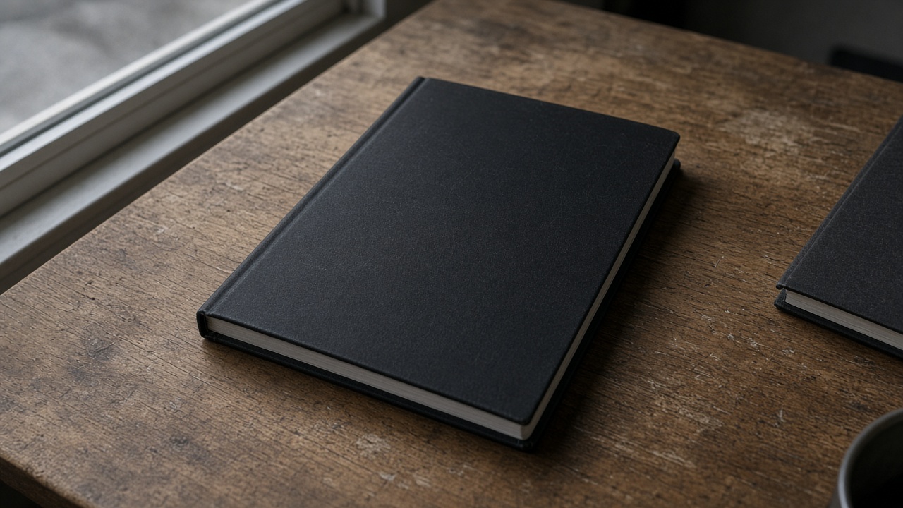 Closed unlabeled black hardcover notebook face-down on a wood desk, blank cover, overcast window light, no people, no logos, no readable text