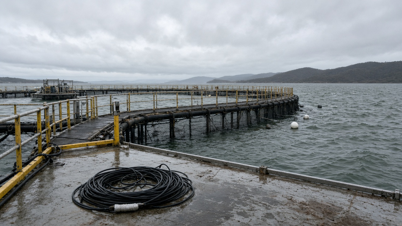 Grey-green harbour water with salmon aquaculture pen walkways and coiled hydrophone cable on wet decking under overcast Tasmanian sky, no logos or readable text