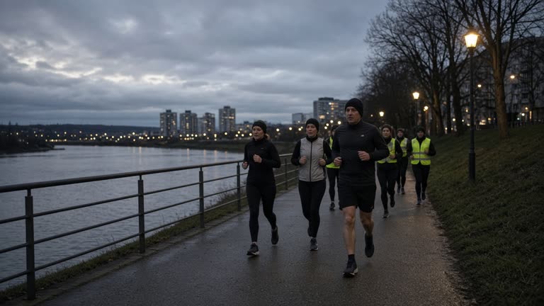 Group of runners in reflective vests on a riverside paved trail at blue hour with street lamps and apartment blocks in the distance, no logos or readable text