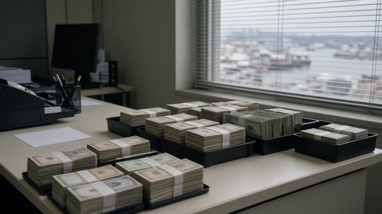 Bank back-office desk with currency counting trays and a blurred harbour view through blinds on an overcast afternoon, stacked paper bands without readable text, no logos