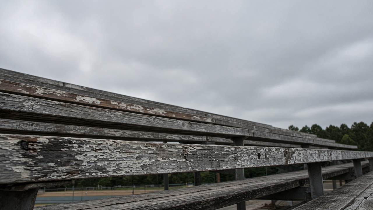 Empty weathered wooden bleacher row, gray overcast sky, no people, no logos, no readable text