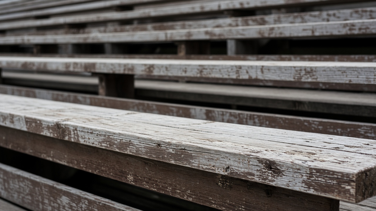 Empty scuffed wooden bleacher plank in overcast daylight, no people, no logos, no readable text