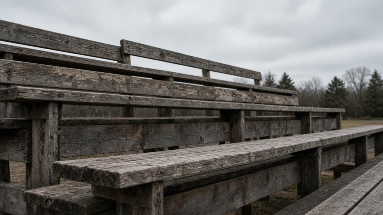 Empty scuffed wooden bleacher plank in overcast daylight, no people, no logos, no readable text