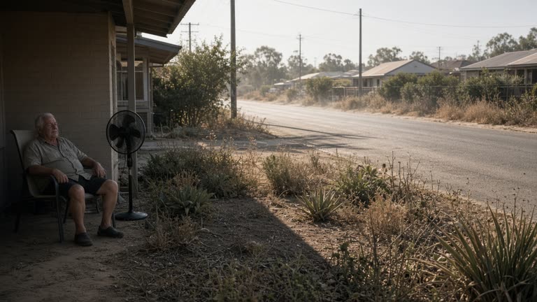A photoreal Australian suburban street in late summer, heat shimmer rising from asphalt, an older resident resting in shade near a portable fan, dry garden beds, long shadows, no logos or readable text.