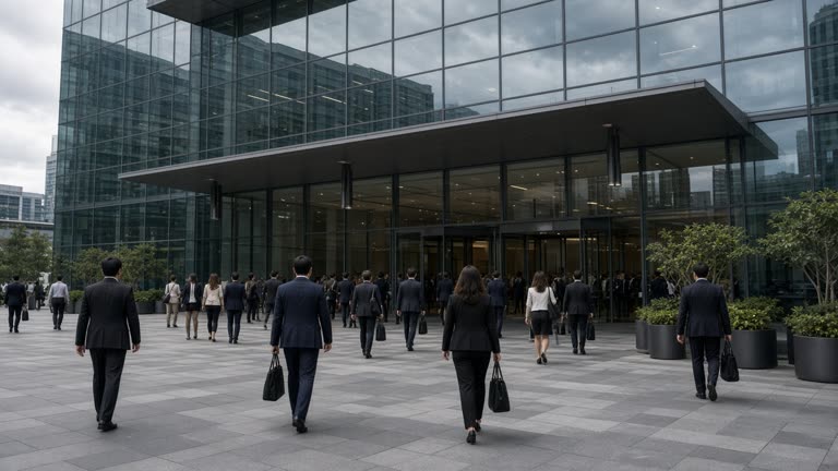 Wide shot of Marina Bay Sands convention entrance with delegates in business attire walking under overcast daylight, glass facade, handheld documentary photo, no logos or readable text