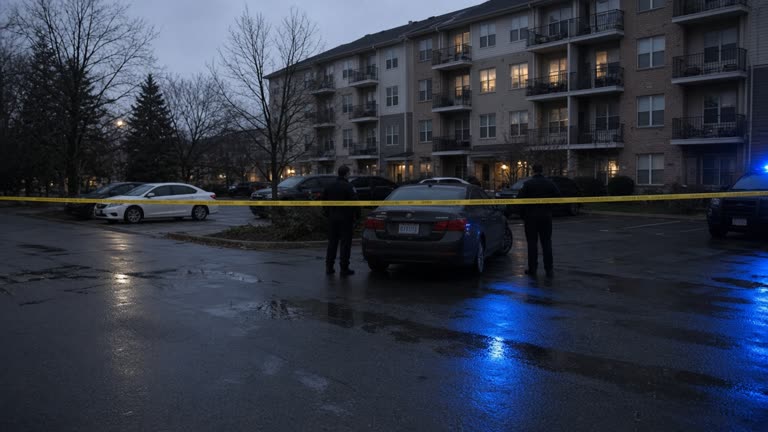 Suburban apartment block at dusk with police tape across a parking lot entrance, blue lights reflecting on wet pavement, officers standing near an unmarked car, no visible faces