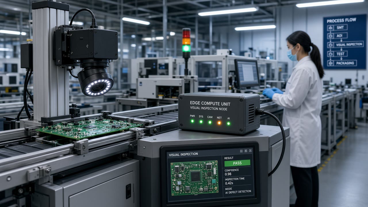 Editorial illustration of an industrial camera inspecting PCBs on a conveyor with an edge compute appliance beside the line in a Taipei-area factory, no logos