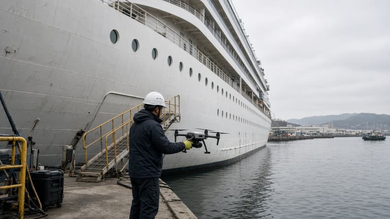 Harbor technician launching a small inspection drone beside a cruise ship hull at a northern Taiwan berth with gangways and calm gray water under overcast morning light, no logos or readable text