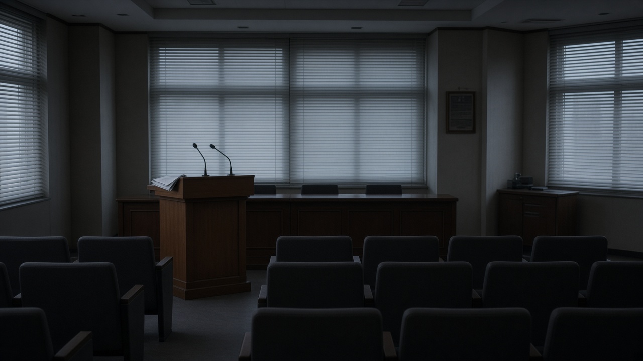Empty Taiwanese government briefing room before dawn: a plain wooden podium with two microphones and a coiled cable, rows of vacant press chairs, a folded newspaper and a single printed page on the lectern, cold overhead light through half-closed blinds, wide 16:9 documentary wire photograph, slight underexposure, no people in frame, no logos or readable text