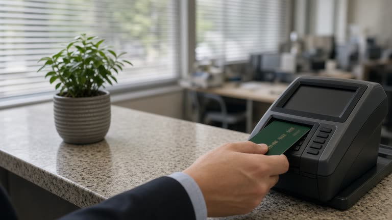 Cardholder inserting a forest-green credit card into a payment terminal beside a potted plant on a bank branch counter with soft daylight through blinds, card numbers and screen text blurred, no logos or readable text