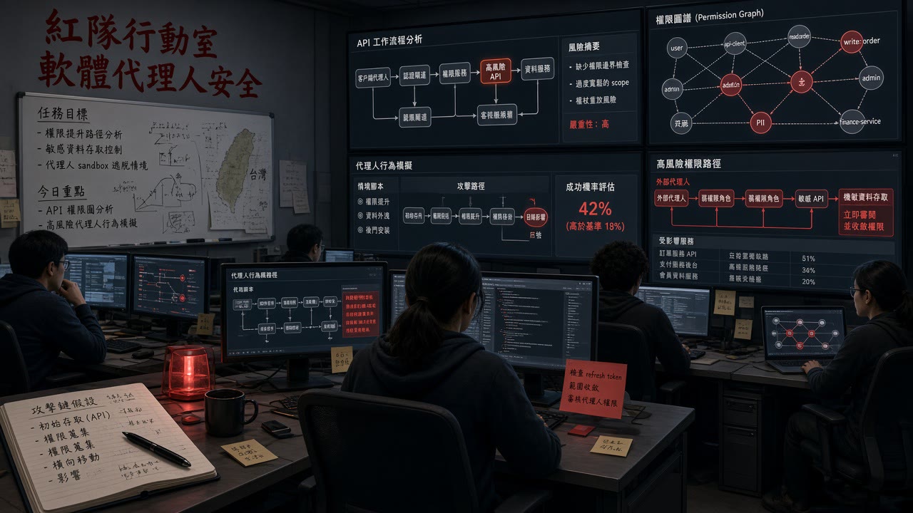 Editorial illustration of a cybersecurity red-team workspace with monitors showing API workflow graphs and permission maps, engineers at desks, no cars, no logos