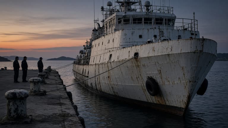 Photoreal dusk scene at a tropical commercial pier: a weathered 61-metre white-hulled patrol cutter moored alongside concrete bollards, rust streaks below the waterline, its hull markings painted over and unreadable, a few maritime officials in plain dark uniforms standing on the quay looking up at the bow, no logos, no flags, no readable text anywhere in frame