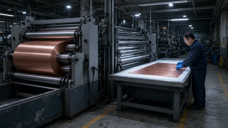 Photoreal overhead view of a Taiwanese copper-foil production line at night: a wide roll of thin copper foil feeding through a surface-treatment machine, stainless steel rollers, cool white overhead lighting, a technician in blue gloves and safety glasses inspecting foil thickness on a lit inspection table, scuffed industrial flooring and cable trays, no logos or readable text.