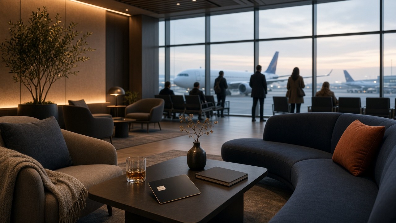 Editorial illustration of an airport departure board silhouette with airplanes beyond terminal glass, lounge seating in foreground, no readable text or airline logos.
