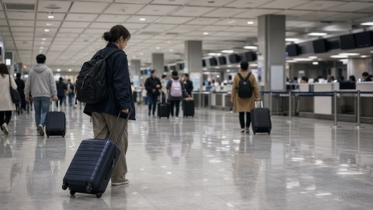 Taoyuan airport departure hall with passengers rolling suitcases under cool white ceiling panels, floor reflections and airline counters blurred in the background, no readable signage or logos