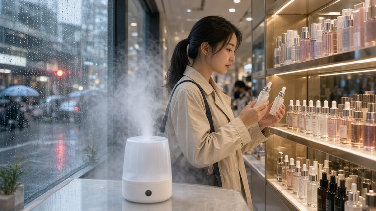 Beauty aisle with a tabletop humidifier misting near skincare bottles as a shopper compares products