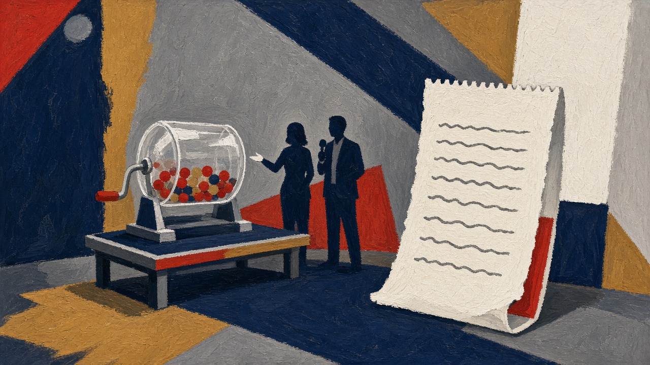 Television studio with a clear lottery drum on a low table, oversized paper receipt prop leaning beside it, hosts as small silhouettes, no readable text on screen.