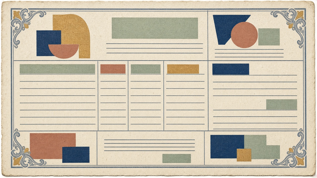 1950s-style uniform invoice sheet with decorative patriotic border frames and blank numbered fields, no readable slogans, gouache on textured paper.