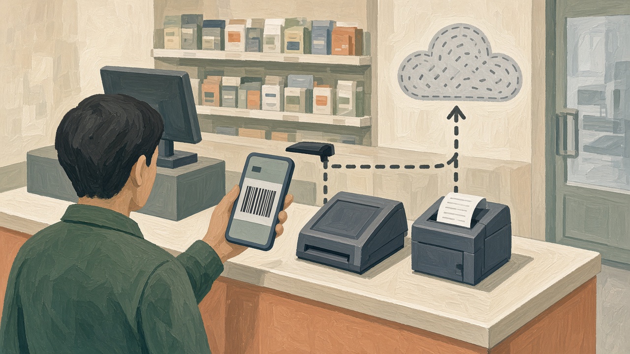 Checkout counter with smartphone showing a barcode for payment, dashed lines suggesting invoice data flowing upward to a cloud icon, receipt printer beside the phone, no readable text.