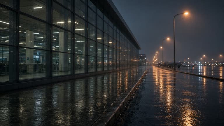 Rain-wet Haneda airport terminal glass facade at night with blurred aircraft lights on the tarmac and an empty curbside lane under sodium street lamps, no logos or readable text