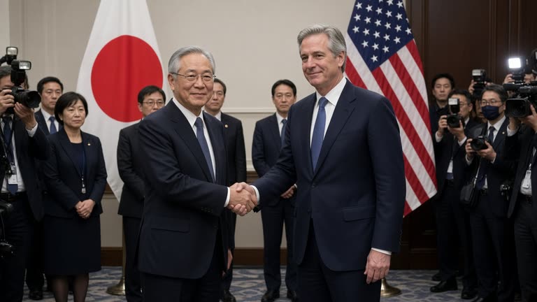 Two government leaders shaking hands before a row of Japanese and American flags at a New York meeting room, staff and photographers in the background, neutral walls, documentary press-pool lighting, no readable nameplates